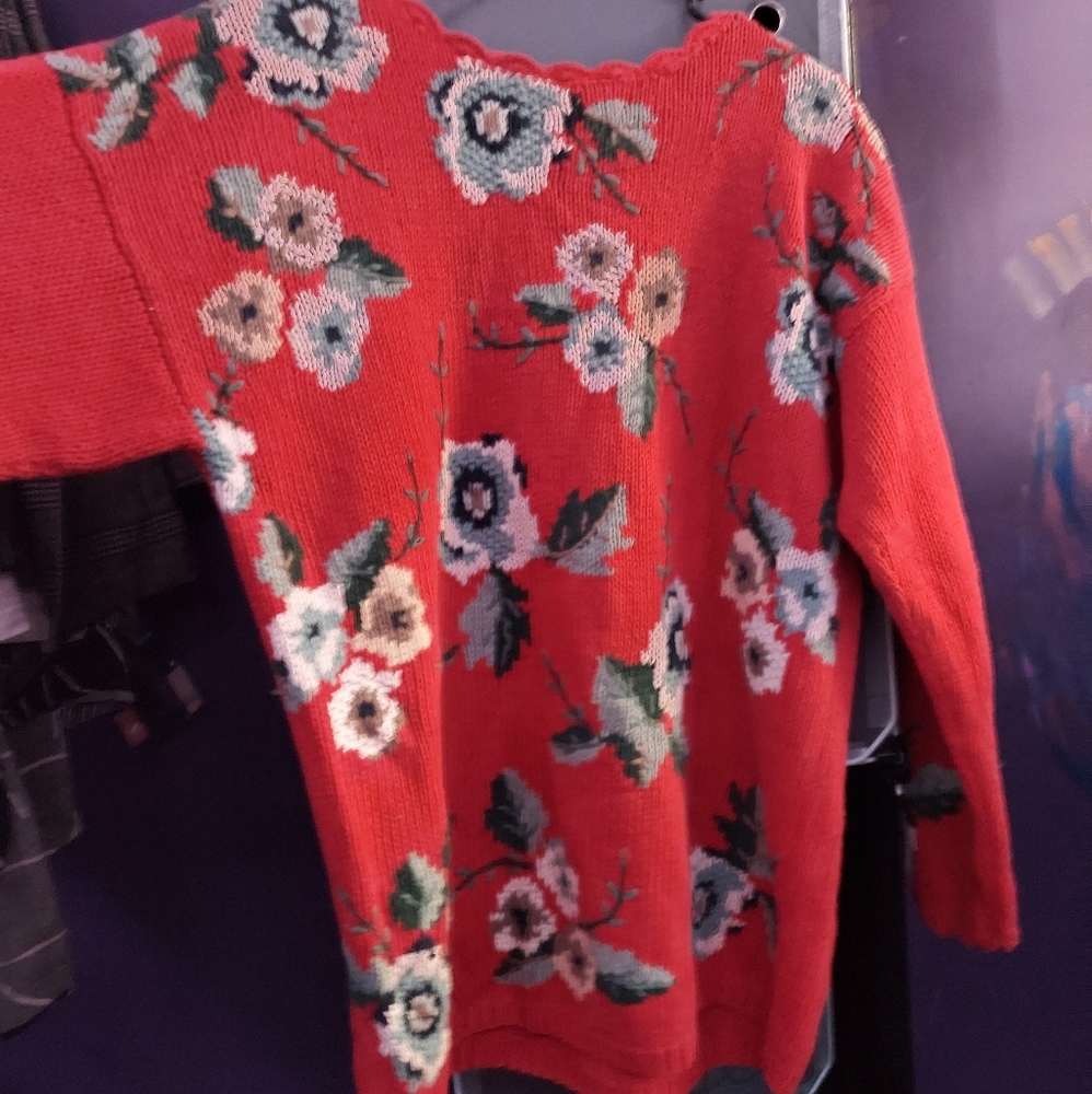 Vintage Hand-Knit Floral Sweater, Red